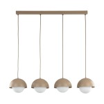 Lampa wisząca Bono z czterema oprawami G9, zawieszona na prostokątnej, metalowej podstawie w kolorze beżowym. Każda oprawa ma półkulisty klosz z białego szkła oraz beżową, metalową osłonę. Długość przewodów umożliwia regulację wysokości.