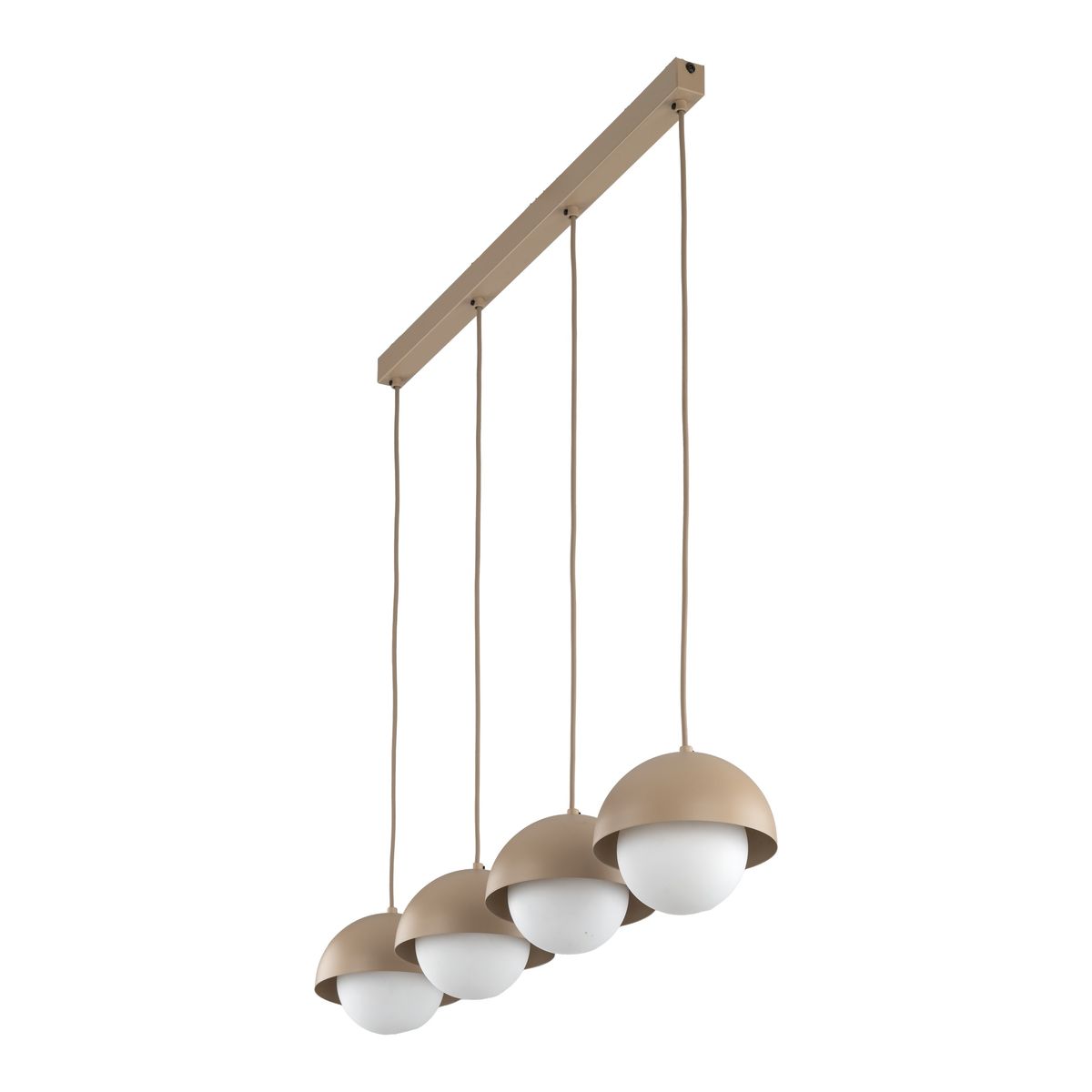 Lampa wisząca Bono z czterema kloszami G9 w kształcie półkul, zawieszona na prostokątnej, metalowej belce w kolorze beżowym. Klosze z matowego szkła białego, zwisają na cienkich przewodach, zapewniając nowoczesny wygląd.
