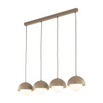 Lampa wisząca Bono z czterema kulistymi kloszami w kolorze beżowym z białym wnętrzem. Produkt zawieszony na prostokątnej, metalowej listwie, z długimi kablami. Idealna do nowoczesnych wnętrz.