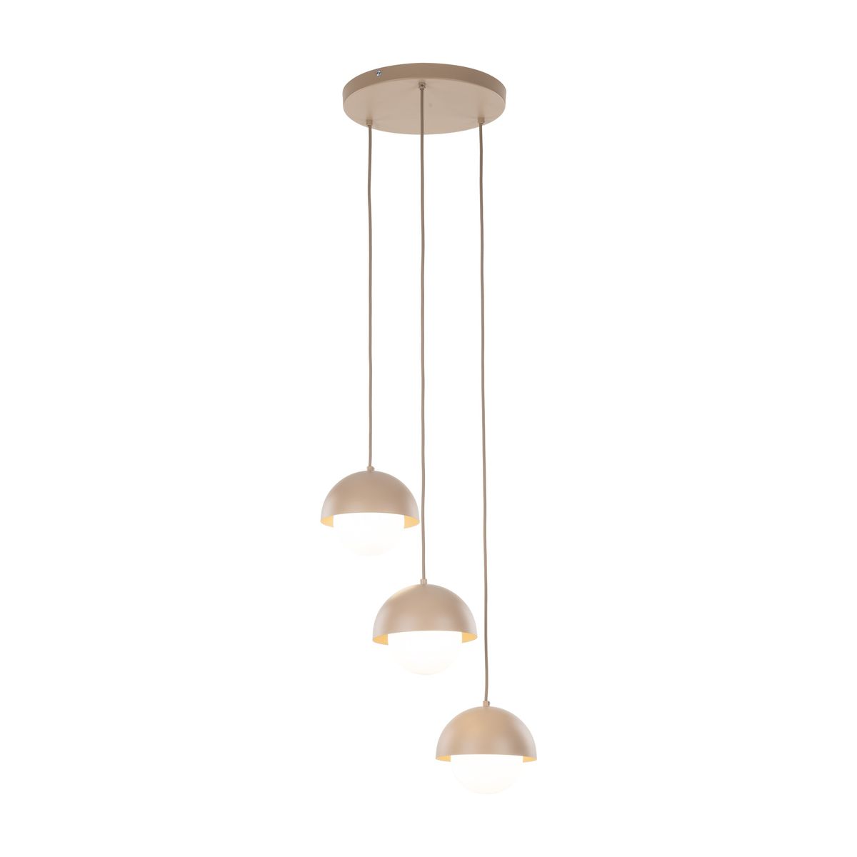 Lampa wisząca Bono z trzema źródłami światła G9. Okrągłe klosze w kolorze beżowym z białym wnętrzem, zawieszone na długich przewodach. Montaż na suficie, minimalistyczny design, idealna do nowoczesnych wnętrz.