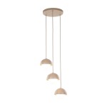 Lampa wisząca Bono z trzema źródłami światła G9. Okrągłe klosze w kolorze beżowym z białym wnętrzem, zawieszone na długich przewodach. Montaż na suficie, minimalistyczny design, idealna do nowoczesnych wnętrz.