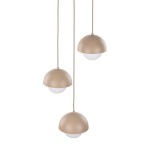 Lampa wisząca Bono z trzema kloszami w kształcie półkul, w kolorze beżowym, z białymi szklanymi elementami. Klosze zawieszone na długich przewodach, prezentują się w układzie asymetrycznym na jasnym tle.