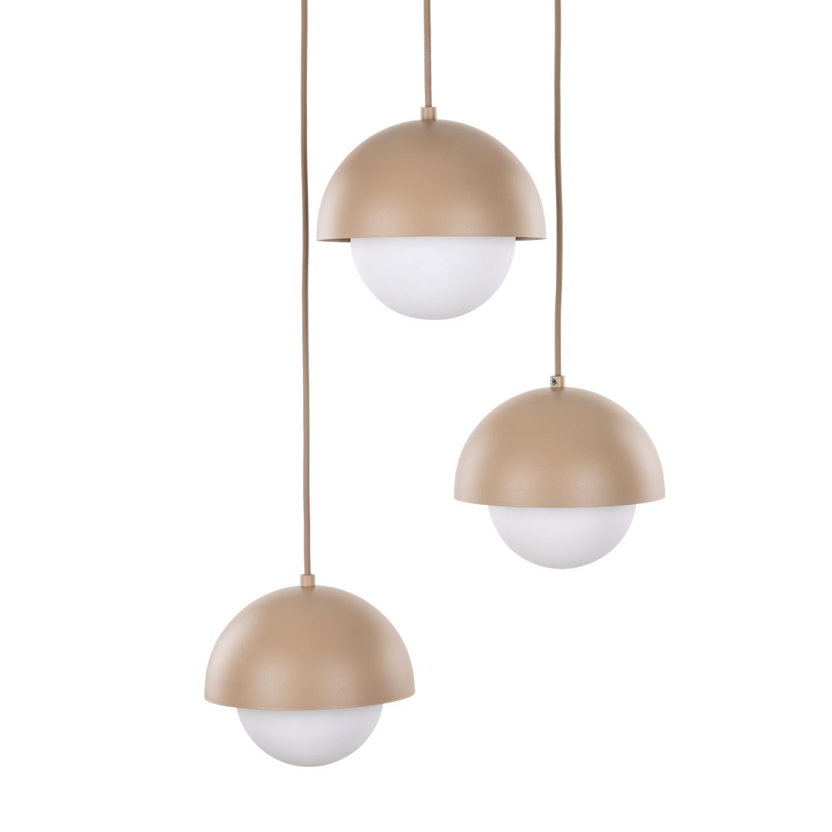 Lampa wisząca Bono 3xG9 w kolorze beżowym z półkulistymi kloszami z matowego szkła, zawieszona na cienkich przewodach. Klosze mają formę połówki kuli, tworząc nowoczesny i minimalistyczny wygląd.