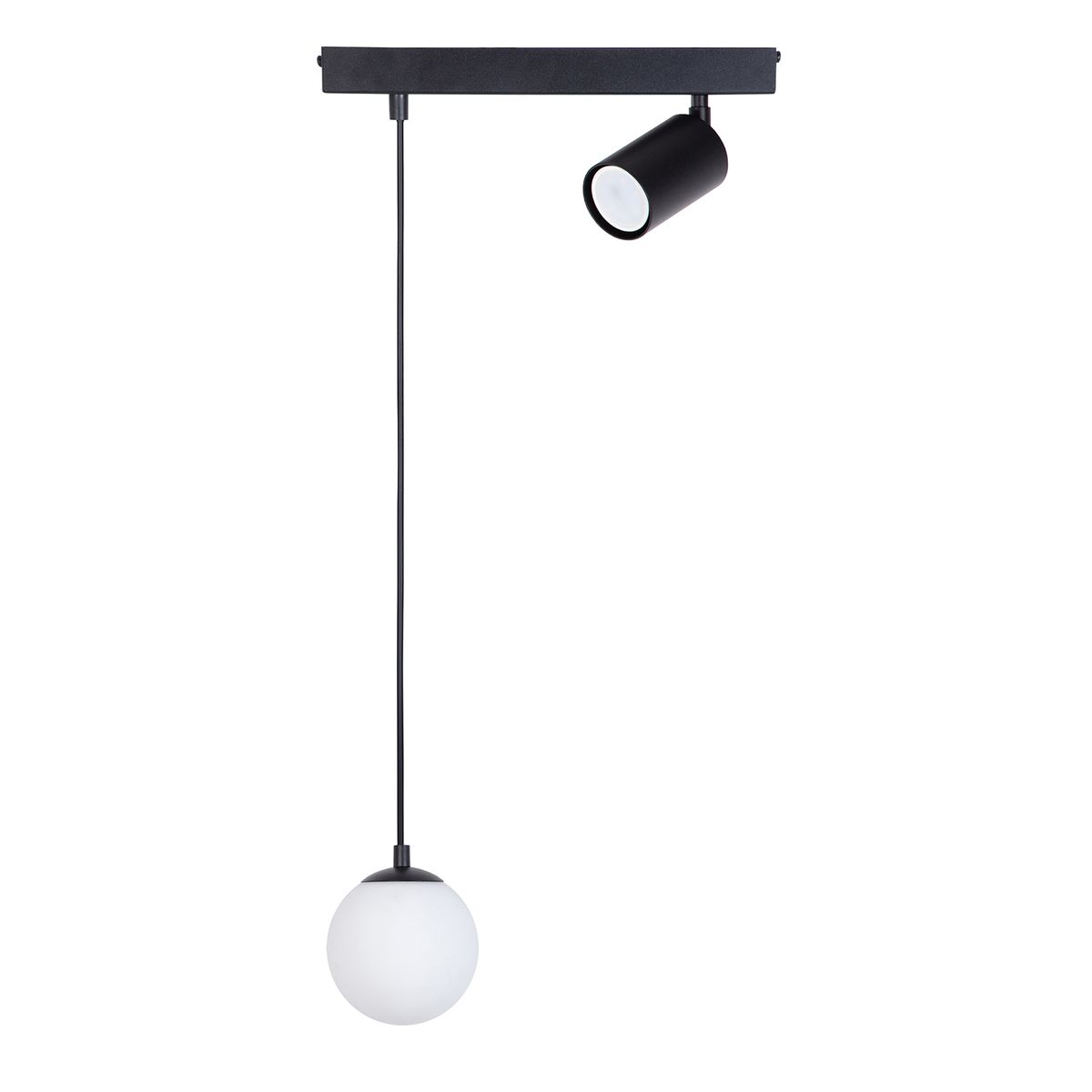 Lampa wisząca Tavira w kolorze czarnym z jednym źródłem światła G9 i dodatkowym reflektorem GU10. Posiada okrągłą, białą klosz oraz prostą, nowoczesną konstrukcję montowaną na suficie. Kabel o długości umożliwiającej regulację wysokości.
