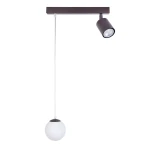 Lampa wisząca Tavira w brązowej oprawie, z jednym źródłem światła G9 i reflektorem GU10. Na długim, przezroczystym przewodzie zawieszona jest matowa, biała kula. Produkt widoczny z przodu na białym tle.