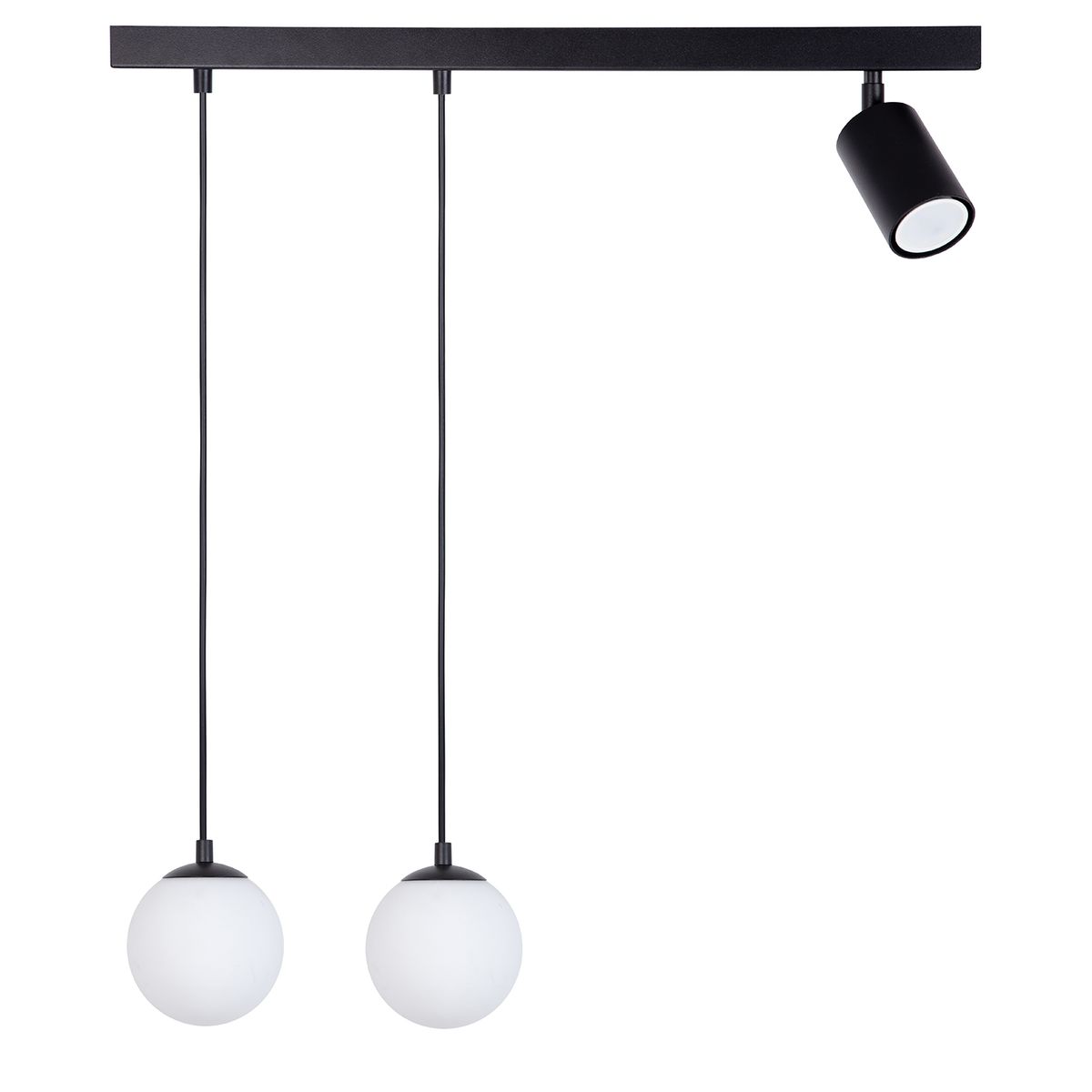 Lampa wisząca Tavira w kolorze czarnym z dwoma okrągłymi kloszami z białego szkła oraz jedną głowicą GU10. Produkt zawieszony na prostokątnej, czarnej podstawie. Ujęcie frontalne, ukazujące trzy źródła światła w różnych wysokościach.