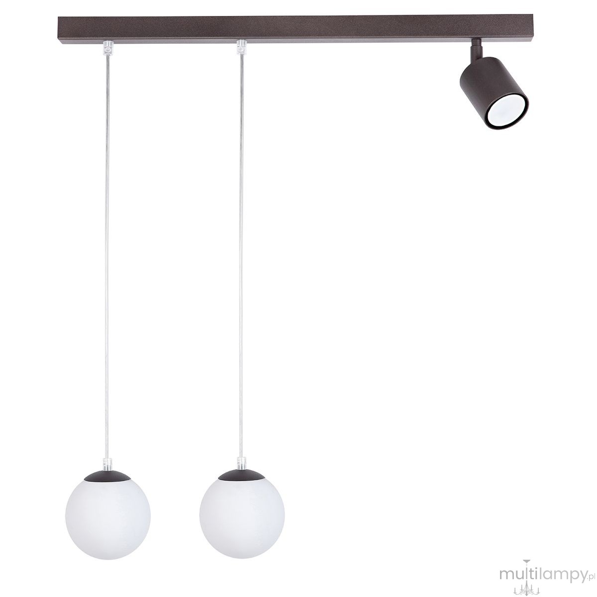 Lampa wisząca Tavira w kolorze brązowym, z dwoma okrągłymi kloszami z białego szkła i jednym reflektorem GU10. Ujęcie frontalne, produkt zawieszony na prostokątnej listwie, z przezroczystymi przewodami.