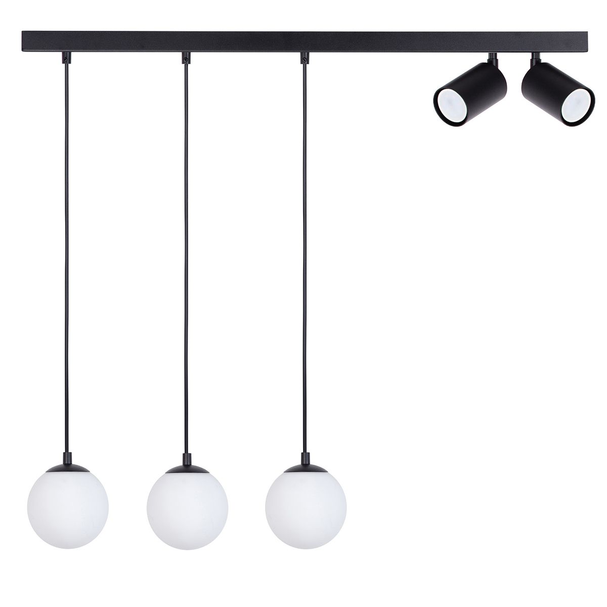 Lampa wisząca Tavira w kolorze czarnym z trzema okrągłymi kloszami z białego szkła oraz dwoma ruchomymi reflektorami. Produkt zawiera gniazda 3xG9 i 2xGU10, zawieszony na prostokątnej podstawie. Idealna do nowoczesnych wnętrz.