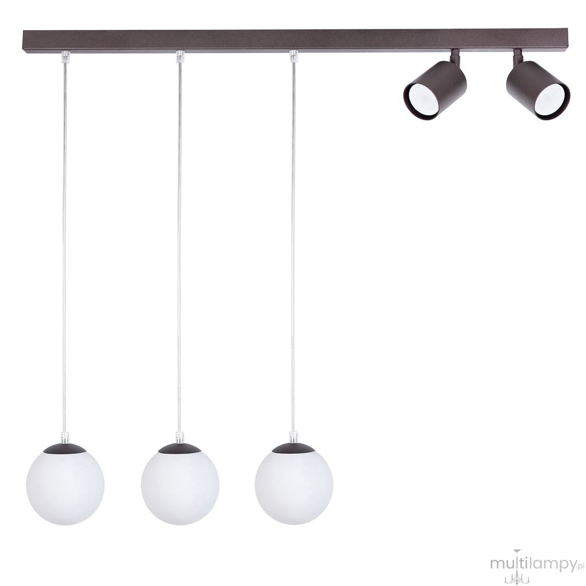 Lampa wisząca Tavira w brązowej kolorystyce, z trzema okrągłymi kloszami w białym kolorze zawieszonymi na cienkich linkach oraz dwoma ruchomymi reflektorami. Montaż na suficie, prosty, nowoczesny design.