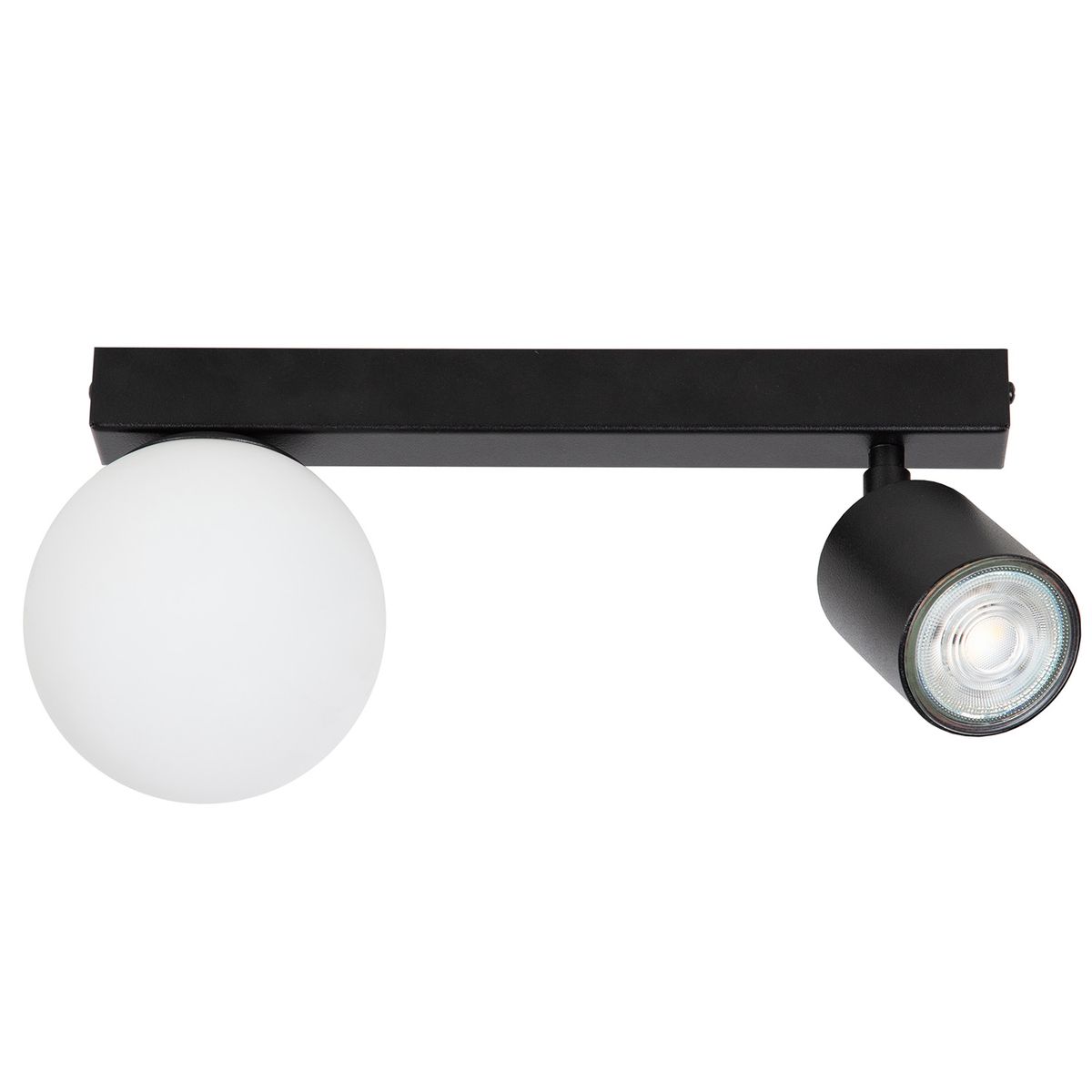 Lampa sufitowa Tavira w kolorze czarnym, z jedną okrągłą oprawą G9 z białym szkłem i jedną reflektorową oprawą GU10. Ujęcie frontalne, produkt zamontowany na prostokątnej podstawie.