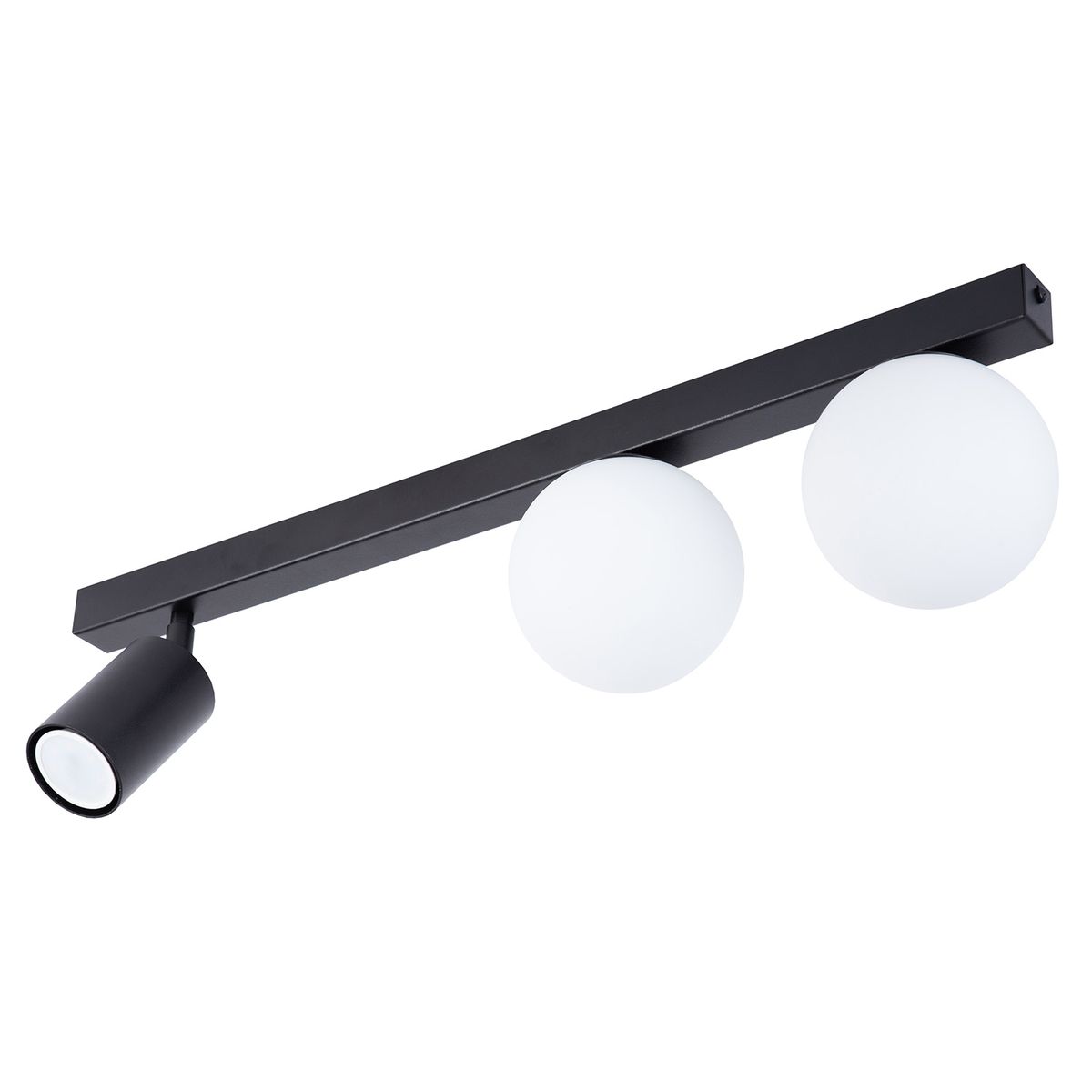 Czarna lampa sufitowa Tavira z metalowym stelażem, wyposażona w dwa białe klosze w kształcie kul oraz jeden reflektor GU10. Ujęcie z góry, ukazujące nowoczesny design i minimalistyczną formę.