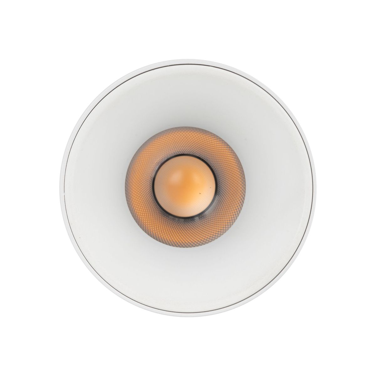 Lampa sufitowa Blaze 1xLED 12W w kolorze białym, z okrągłym kloszem i centralnym źródłem światła w odcieniu pomarańczowym. Ujęcie z góry, pokazujące teksturę klosza oraz detal wewnętrznej struktury.