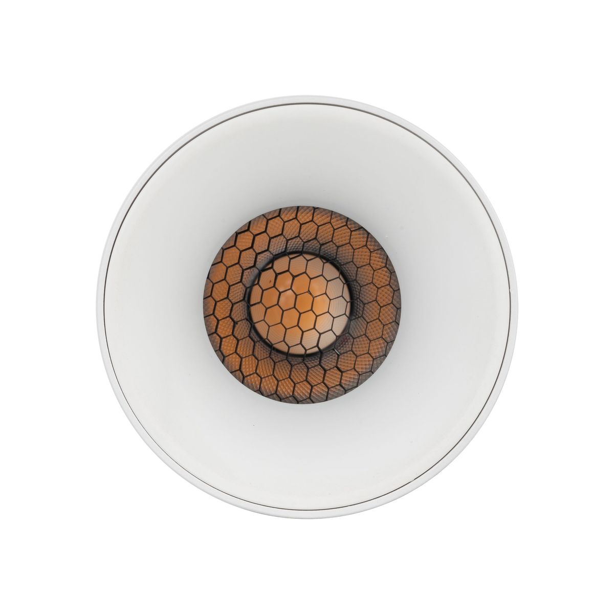 Lampa sufitowa Blaze 1xLED 12W CCT w białym kolorze, okrągła z metalową osłoną w kształcie plastra miodu w odcieniach brązu, widoczna z góry. Elegancki design, idealna do nowoczesnych wnętrz.