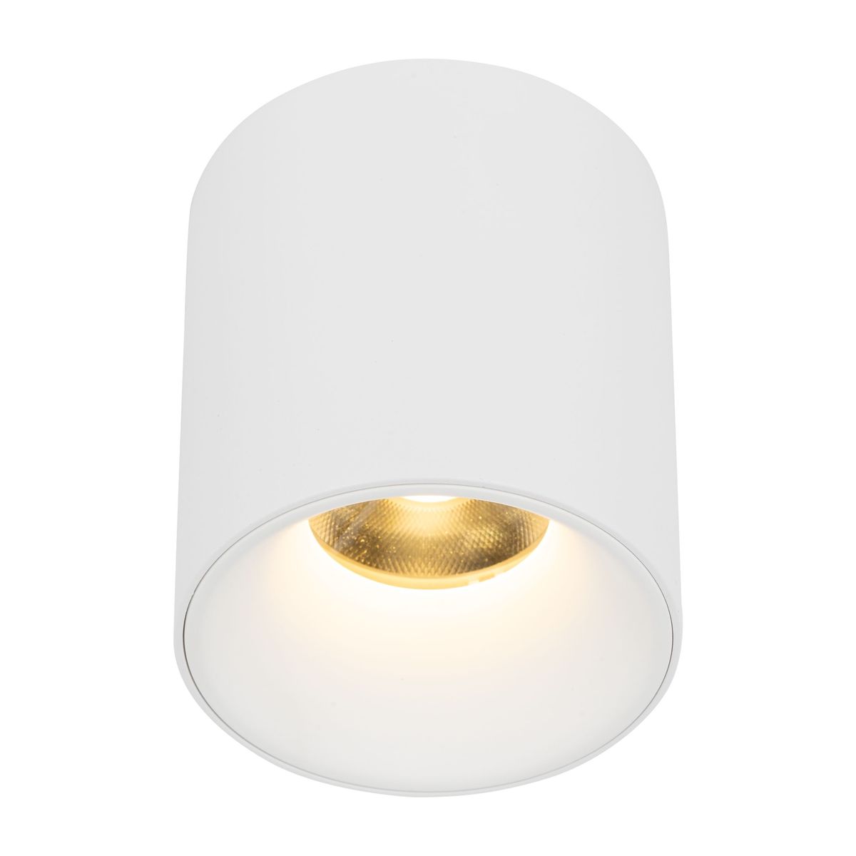 Lampa sufitowa Blaze 1xLED 12W CCT w kolorze białym, cylindryczna, z widoczną złotą oprawą żarówki. Ujęcie z dołu, pokazujące jasne światło emitowane przez lampę w minimalistycznym designie. Idealna do nowoczesnych wnętrz.