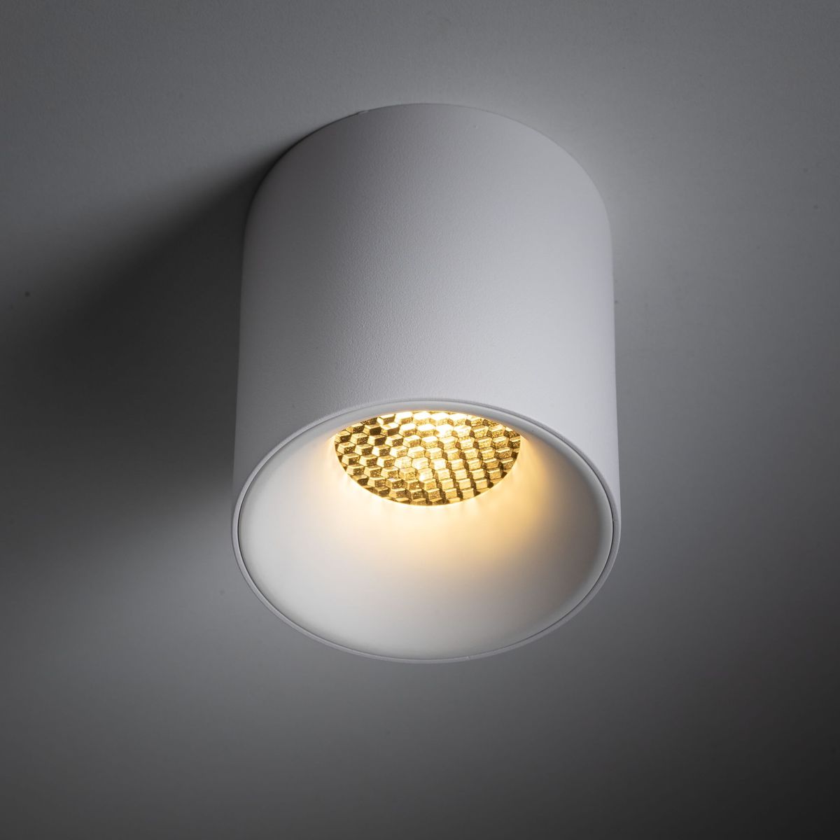 Lampa sufitowa Blaze w kolorze białym, wykonana z matowego materiału, z pojedynczym źródłem światła LED 12W. Okrągła obudowa z fakturowanym kloszem, montowana na suficie, emitująca ciepłe światło. Widok z góry, skierowana w dół.