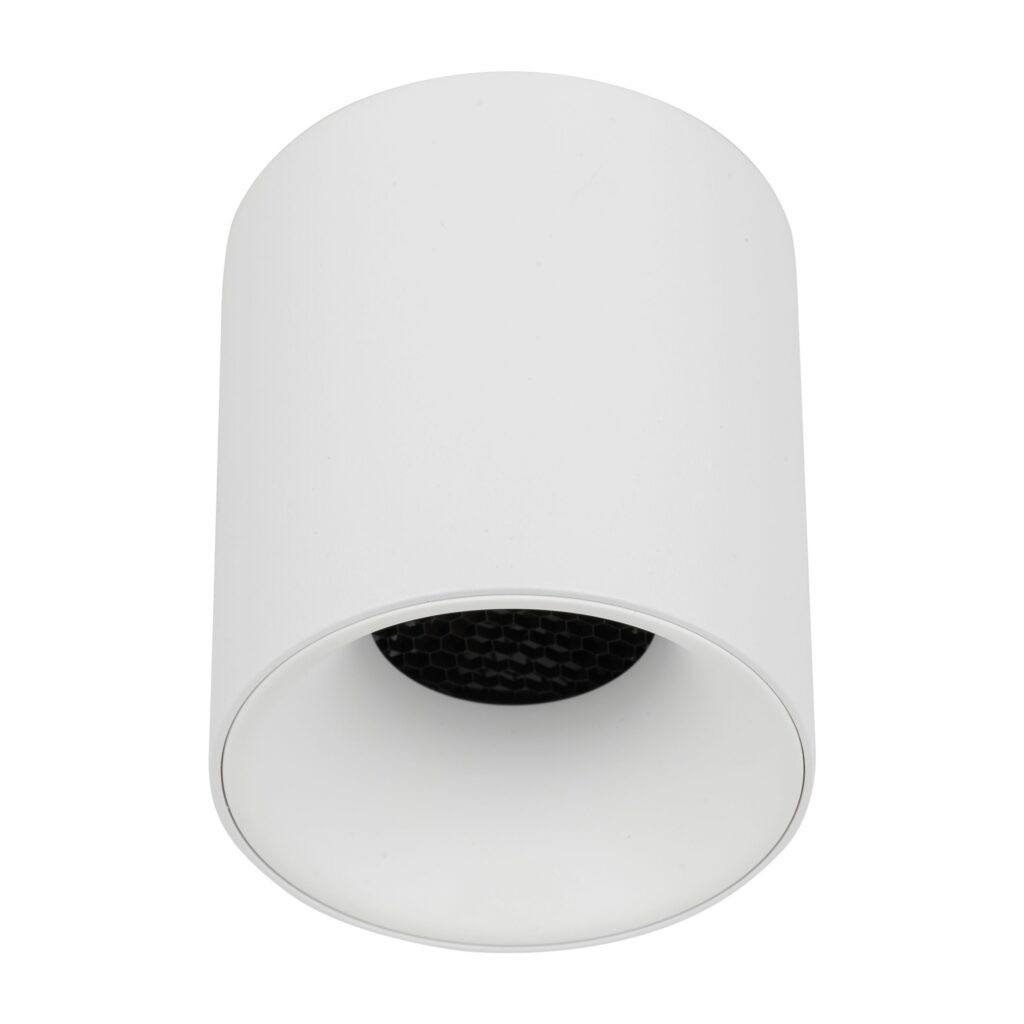 Lampa sufitowa Blaze 1xLED 12W w kolorze białym, o cylindrycznym kształcie. Widoczny czarny panel z siatką wewnątrz. Ujęcie frontalne, produkt przeznaczony do montażu sufitowego. Idealna do nowoczesnych wnętrz.