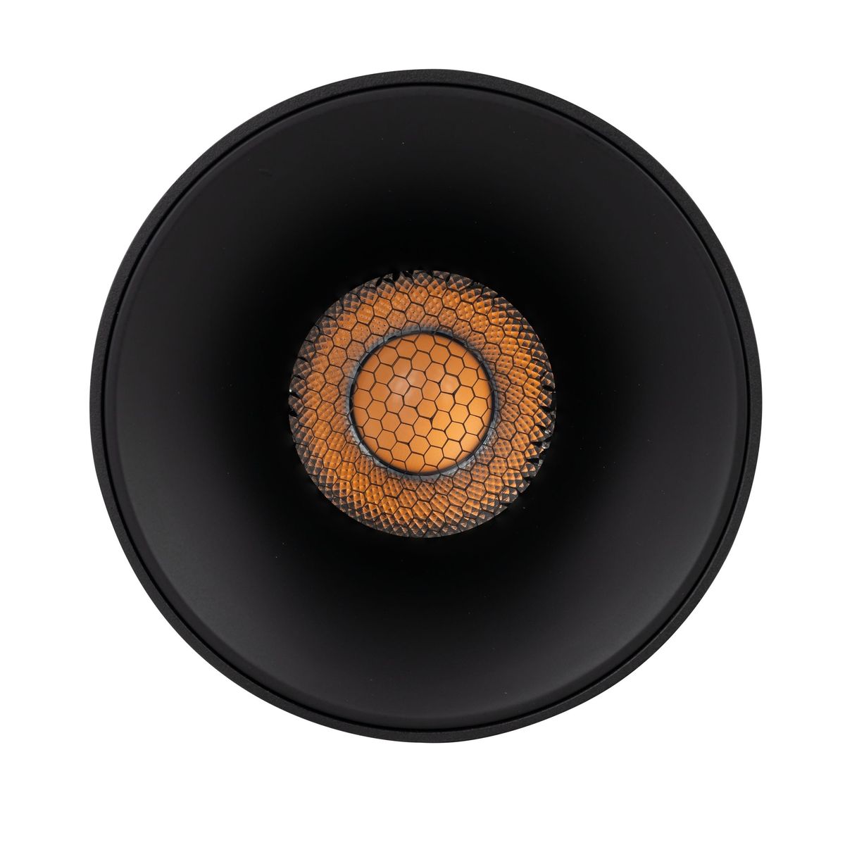 Lampa sufitowa Blaze 1xLED 30W CCT w kolorze czarnym, widok z góry. Okrągła, matowa obudowa z siatką w środku, która osłania źródło światła. Ciepłe światło wydobywa się z wnętrza, tworząc efektywną iluminację.