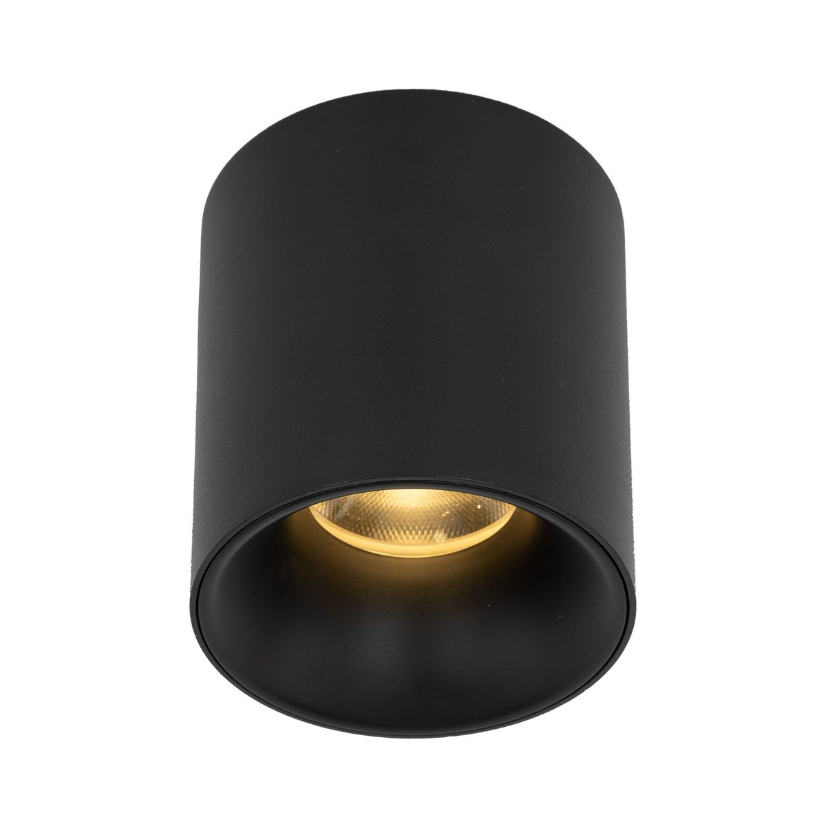 Czarna lampa sufitowa Blaze z jedną diodą LED 12W, w formie cylindrycznej, z widocznym złotym wnętrzem klosza. Ujęcie z góry, pokazujące detal lampy oraz źródło światła.