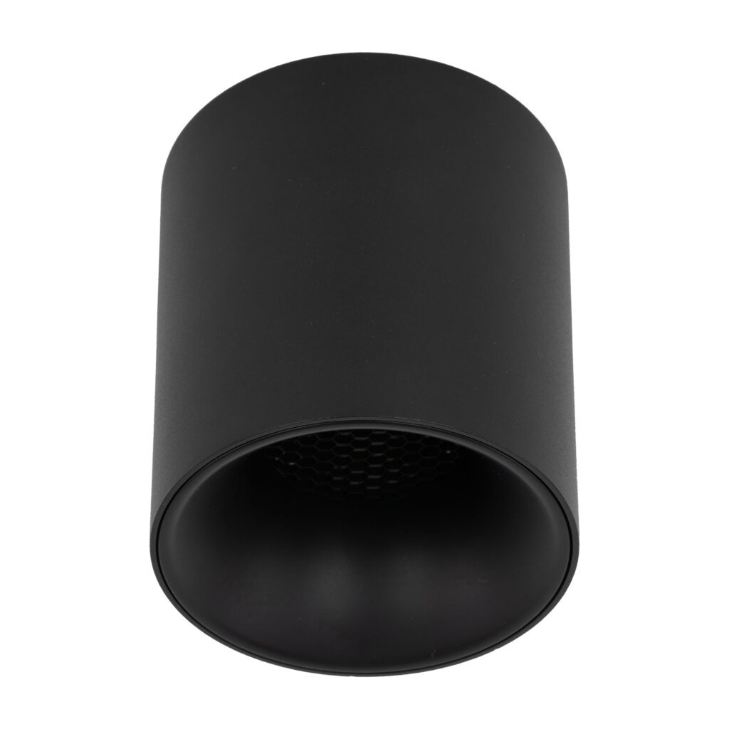 Lampa sufitowa Blaze w kolorze czarnym, wykonana z matowego materiału. Cylindryczny kształt z wentylacją na górze. Zainstalowane źródło światła LED 12W CCT. Ujęcie z góry, ukazujące detale konstrukcji.