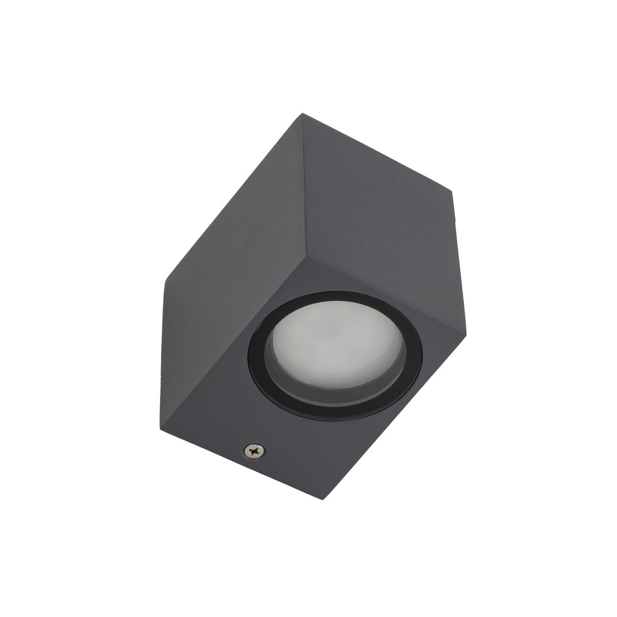 Kinkiet Axis 1xGU10 w kolorze szarym, wykonany z matowego materiału, w kształcie prostokąta. Montowany na ścianie, z widocznym miejscem na żarówkę GU10. Odporny na wilgoć (IP44), idealny do użytku zewnętrznego.