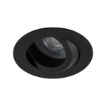 Oprawa do zabudowy Aura w kolorze czarnym, okrągła, z miejscem na żarówkę GU10. Widok z boku, ukazujący wnętrze oprawy. Produkt o stopniu ochrony IP65, przeznaczony do użytku wewnętrznego i zewnętrznego.