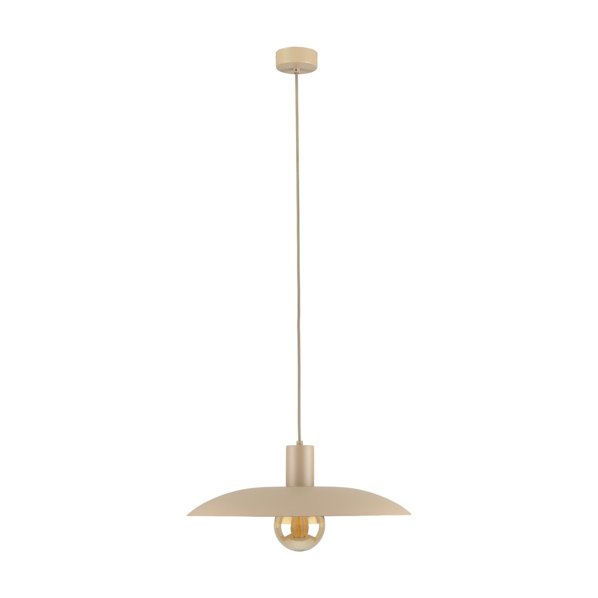 Lampa wisząca Astra 1xE27 w kolorze beżowym, z okrągłym kloszem i przezroczystą żarówką. Ujęcie z przodu, zawieszona na cienkim przewodzie z sufitowym mocowaniem. Prosty, nowoczesny design, idealna do różnych wnętrz.