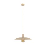 Lampa wisząca Astra 1xE27 w kolorze beżowym, z okrągłym kloszem i przezroczystą żarówką. Ujęcie z przodu, zawieszona na cienkim przewodzie z sufitowym mocowaniem. Prosty, nowoczesny design, idealna do różnych wnętrz.