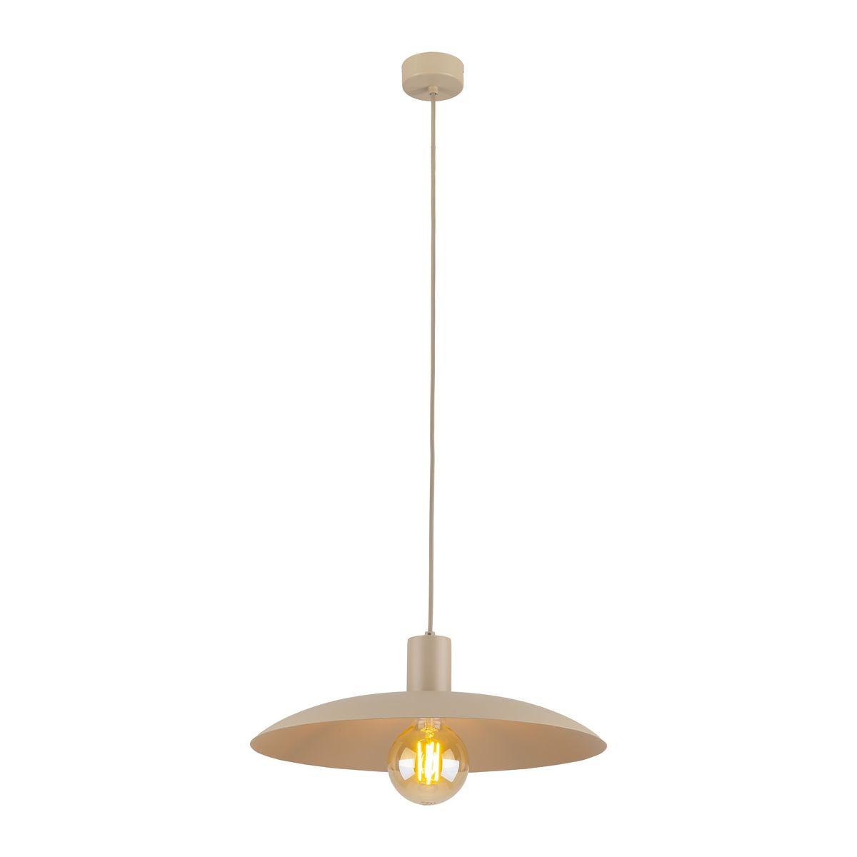 Lampa wisząca Astra 1xE27 w kolorze beżowym z okrągłym kloszem, zawieszona na długim przewodzie. Widoczna żarówka w szklanej oprawie. Prosty, nowoczesny design, idealna do wnętrz. Ujęcie frontalne na białym tle.