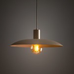 Lampa wisząca Astra z oprawą w kolorze szarym, z dużym, okrągłym kloszem i żarówką E27. Zawieszona na cienkim, metalowym przewodzie, emitująca ciepłe światło, idealna do nowoczesnych wnętrz. Tło w ciemnym odcieniu.
