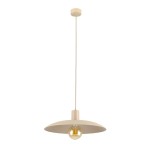 Lampa wisząca Astra w kolorze beżowym z metalowym kloszem i pojedynczym miejscem na żarówkę E27. Zawieszona na cienkim przewodzie, widoczna z frontalnego ujęcia, z kulistą żarówką w centralnej części klosza.