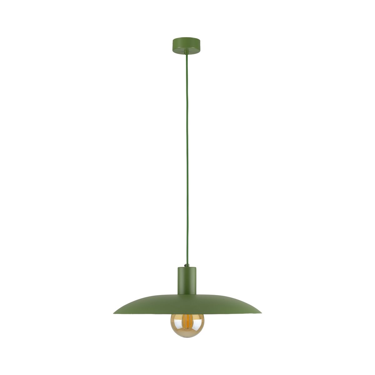 Lampa wisząca Astra w kolorze zielonym, z metalowym kloszem w kształcie talerza. Posiada miejsce na żarówkę E27, zwisając na cienkim przewodzie. Proste, nowoczesne wzornictwo, idealne do różnych aranżacji wnętrz.