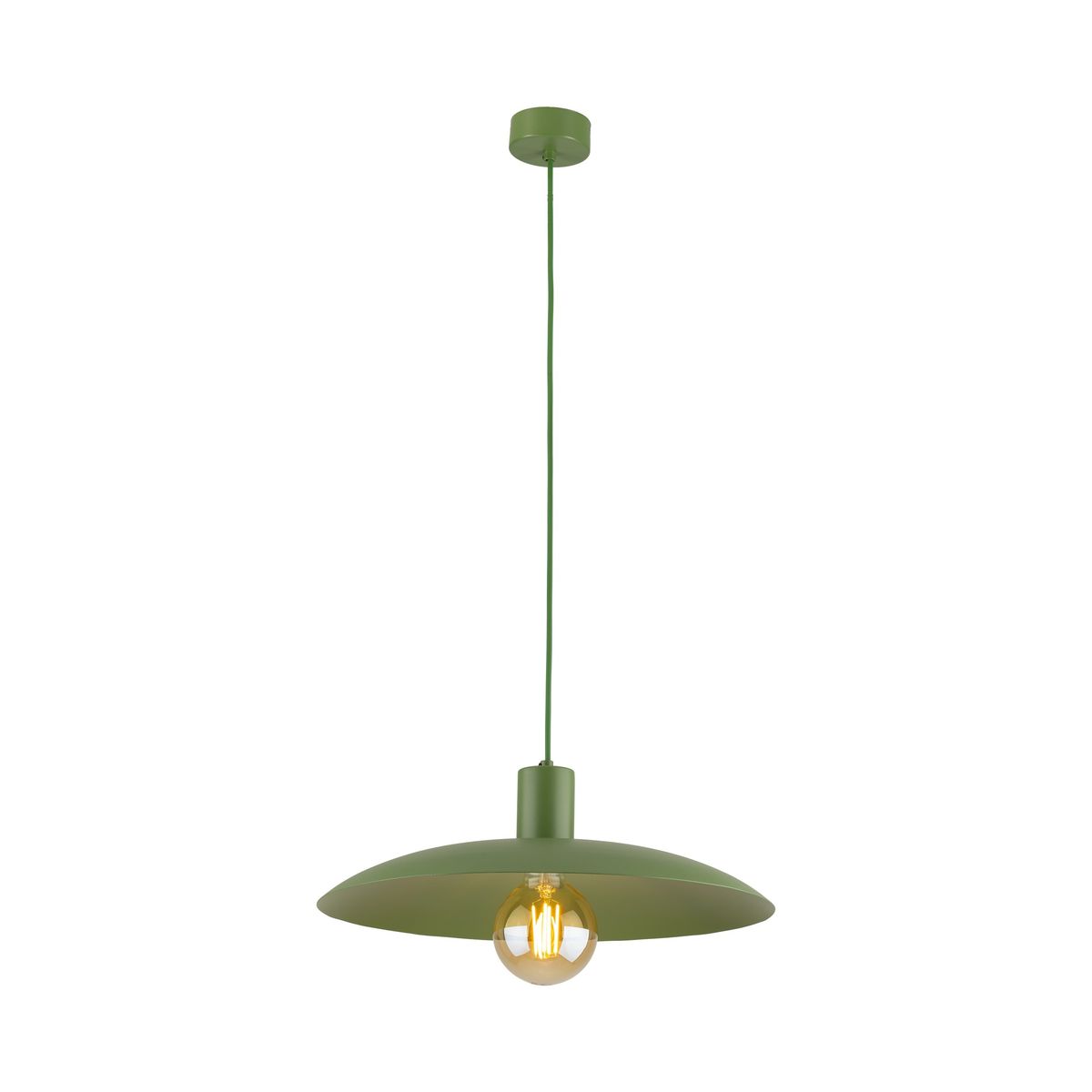 Lampa wisząca Astra 1xE27 w kolorze zielonym. Okrągły klosz z matowego materiału, zawieszony na cienkim przewodzie. Widoczna żarówka w stylu retro nadaje industrialny charakter. Prosta forma, idealna do nowoczesnych wnętrz.