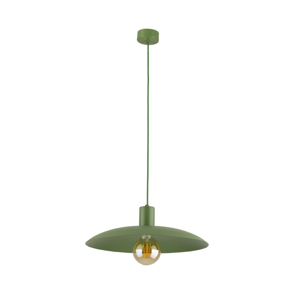 Lampa wisząca Astra 1xE27 w kolorze zielonym, o okrągłym, płaskim kloszu. Zawieszona na długim, zielonym kablu. Widoczna żarówka z przezroczystą osłoną, umieszczona w centralnej części klosza. Prosty, nowoczesny design, idealna do różnych wnętrz.