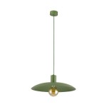 Lampa wisząca Astra 1xE27 w kolorze zielonym, o okrągłym, płaskim kloszu. Zawieszona na długim, zielonym kablu. Widoczna żarówka z przezroczystą osłoną, umieszczona w centralnej części klosza. Prosty, nowoczesny design, idealna do różnych wnętrz.