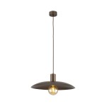 Brązowa lampa wisząca Astra z jednym gniazdem E27, z metalowym kloszem w kształcie talerza i przezroczystą żarówką, zawieszona na długim kablu. Ujęcie frontalne, na jednolitym tle.