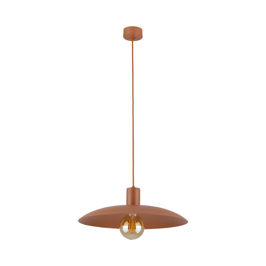 Lampa wisząca Astra w kolorze ceglastym z jedną oprawą E27. Ma okrągły, płaski klosz oraz przezroczystą żarówkę. Ujęcie frontalne, zawieszona na cienkim przewodzie, z prostym, okrągłym mocowaniem sufitowym. Tło białe.