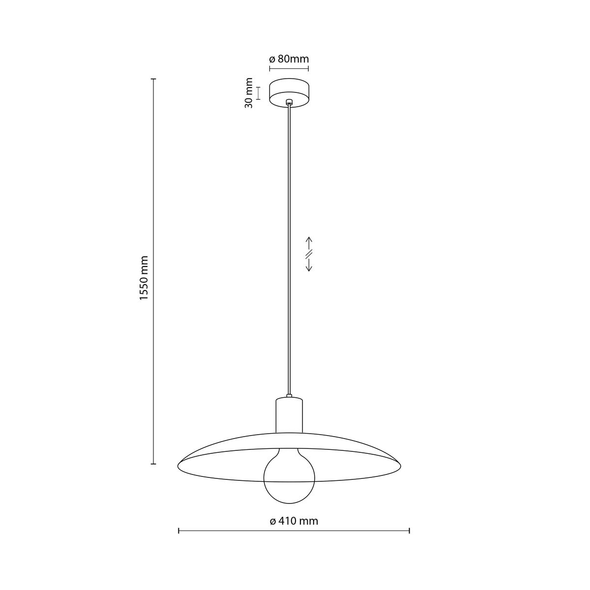 Lampa wisząca Astra w kolorze czarnym, z pojedynczym gniazdem E27. Ma średnicę 410 mm i wysokość 1550 mm. Zawieszona na cienkim kablu, z okrągłym, płaskim kloszem. Idealna do nowoczesnych wnętrz.