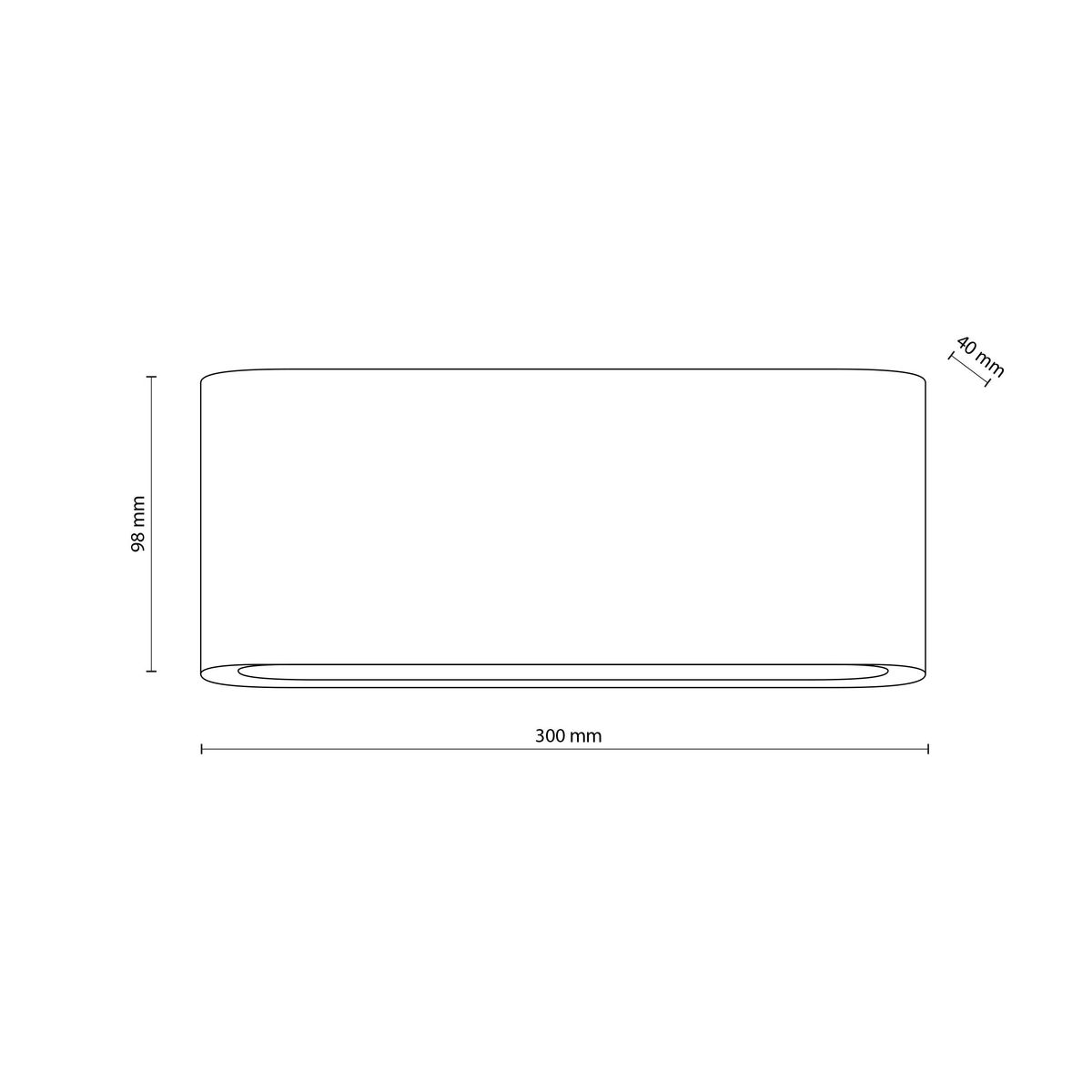 Kinkiet elewacyjny Arwena L w kolorze czarnym, wykonany z materiałów odpornych na warunki atmosferyczne, z wymiarami 300 mm x 98 mm x 40 mm. Posiada dwa źródła światła LED o mocy 24W, oznaczenie IP54. Ujęcie z boku, pokazujące szczegóły konstrukcji.