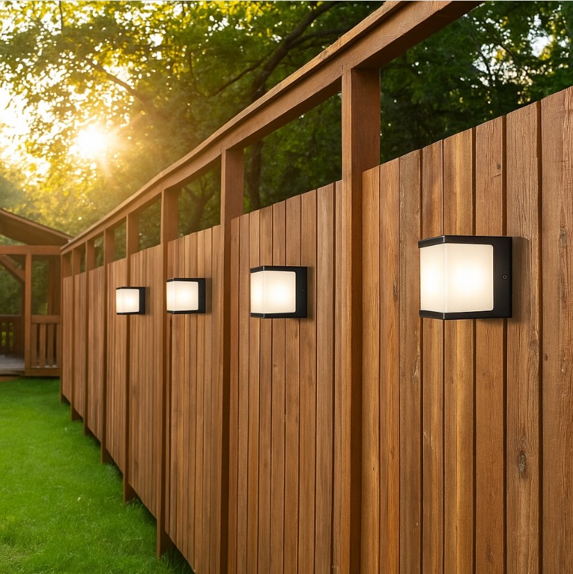 Kinkiet elewacyjny Cube I w kolorze czarnym, o prostokątnym kształcie, zamontowany na drewnianym ogrodzeniu. Emituje miękkie światło z matowego klosza. Widoczny w kontekście ogrodowym, podświetlający przestrzeń w tle.