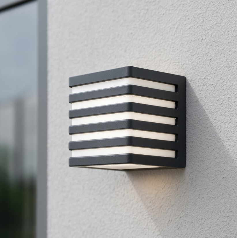 Kinkiet elewacyjny Cube II w kolorze czarnym, montowany na ścianie, zbudowany z poziomych, równoległych pasów, z białym, przezroczystym kloszem. Produkt o prostokątnym kształcie, widoczny z boku, oferujący nowoczesny design dla zewnętrznych przestrzeni.