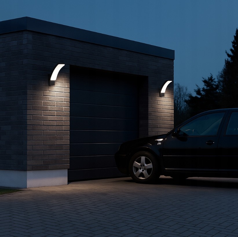 Kinkiet elewacyjny LED Grudo 12W 4000K w kolorze czarnym, zamontowany na ścianie budynku, emituje ciepłe światło. Produkt ma zakrzywiony kształt, jest umieszczony obok garażu, w otoczeniu kostki brukowej i czarnego samochodu.