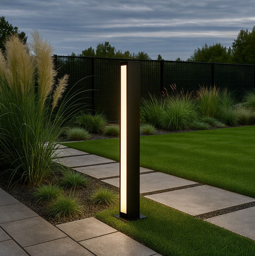Lampa ogrodowa Roma H60 w czarnym kolorze, słupkowa, z dwoma źródłami światła LED o mocy 24W i temperaturze barwowej 4000K. Ustawiona na trawniku, otoczona zielenią i chodnikiem z płytek, emitująca ciepłe światło.