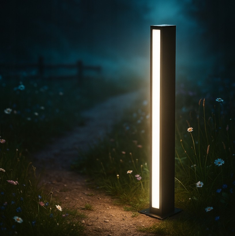 Lampa ogrodowa słupek Roma H60 w kolorze czarnym, o prostokątnym kształcie, z dwoma źródłami LED 24W 4000K. Ustawiona na tle ścieżki, otoczona trawą i kwiatami, emituje ciepłe światło, oświetlając otoczenie.