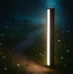 Lampa ogrodowa słupek Roma H60 w kolorze czarnym, o prostokątnym kształcie, z dwoma źródłami LED 24W 4000K. Ustawiona na tle ścieżki, otoczona trawą i kwiatami, emituje ciepłe światło, oświetlając otoczenie.