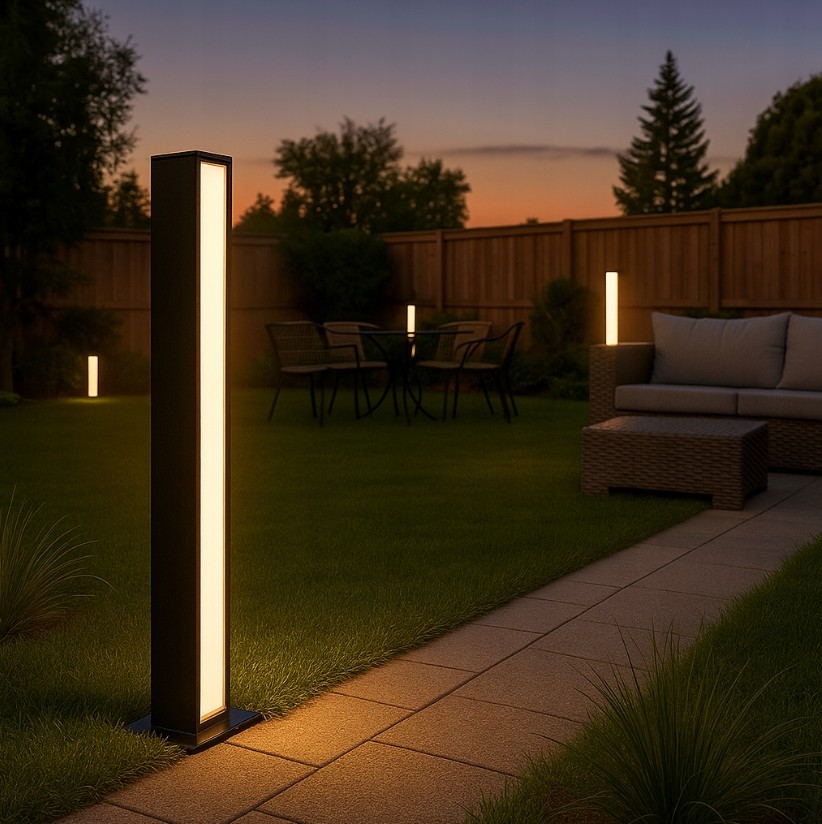 Lampa ogrodowa Roma H60 w kolorze czarnym, słupkowa, z dwoma diodami LED 24W, emitująca światło o temperaturze barwowej 4000K. Ujęcie z boku, stojąca na trawniku, w tle meble ogrodowe i stół, w otoczeniu zieleni.
