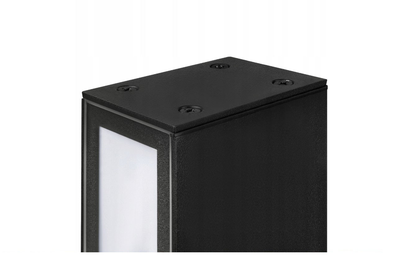 Czarna lampa ogrodowa słupek Roma H60 z dwiema diodami LED, widok z góry. Prostokątny kształt z matową powierzchnią i białymi panelami bocznymi. Wyposażona w cztery otwory montażowe na górze.