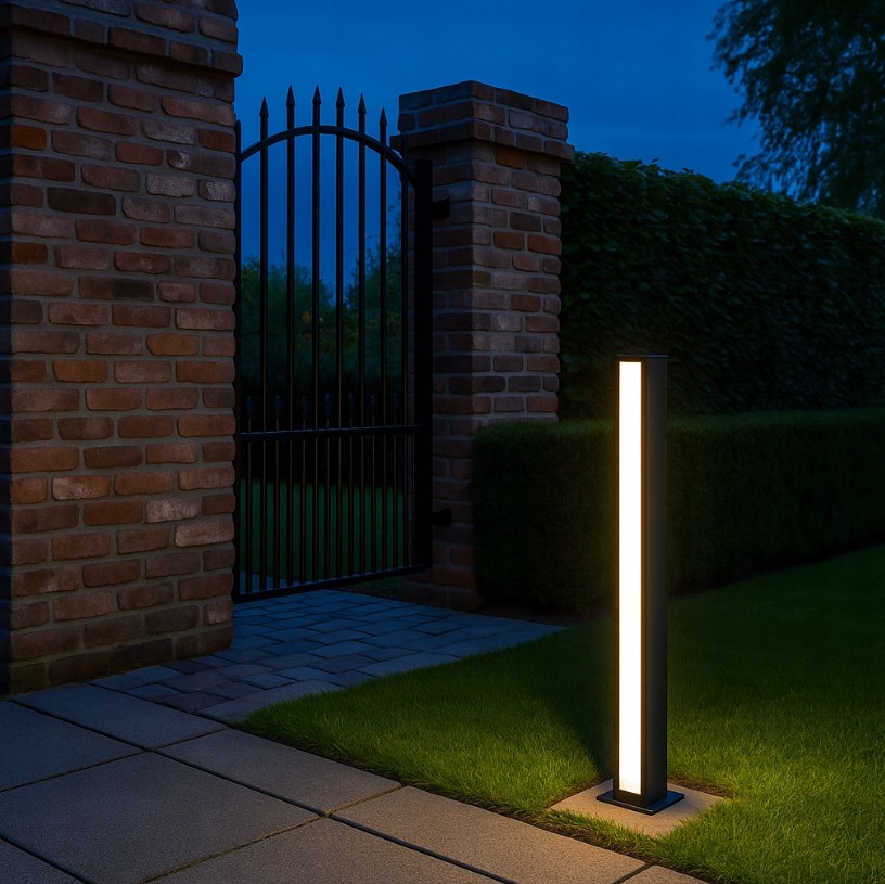 Czarna lampa ogrodowa Roma H60 w formie słupka, z dwoma źródłami LED 24W, o temperaturze barwowej 4000K. Zbliżenie na prostokątny kształt lampy, umieszczoną na trawniku obok płotu, w tle ciemne niebo.