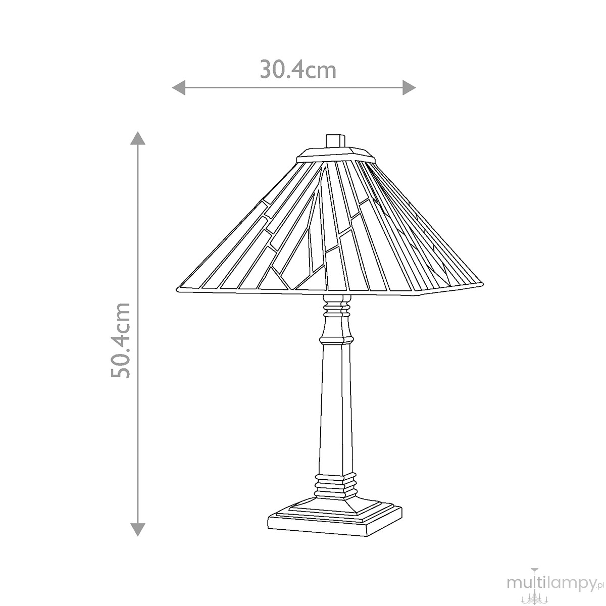 Lampka stołowa Alderley L w antycznym brązie, z kloszem w kształcie stożka o wymiarach 30,4 cm (szerokość) i 50,4 cm (wysokość). Posiada podstawę w formie kwadratu i jest zaprojektowana do użycia z żarówką E27.
