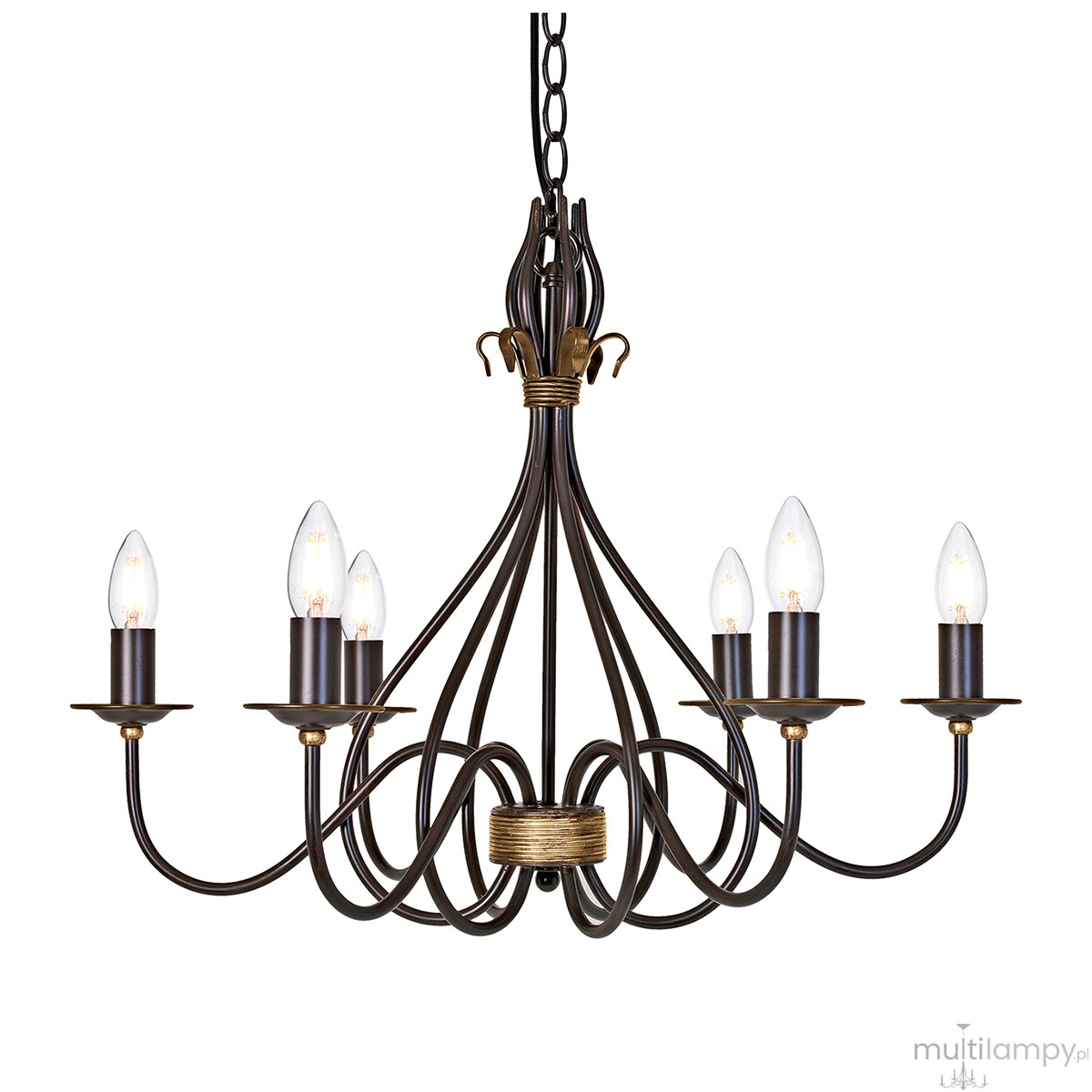 Lampa wisząca Windermere 6x E14 w kolorze złoto-brązowym, z sześcioma kloszami w kształcie świec. Posiada finezyjny kształt z metalowymi ramionami, zawieszona na łańcuchu. Idealna do eleganckich wnętrz.