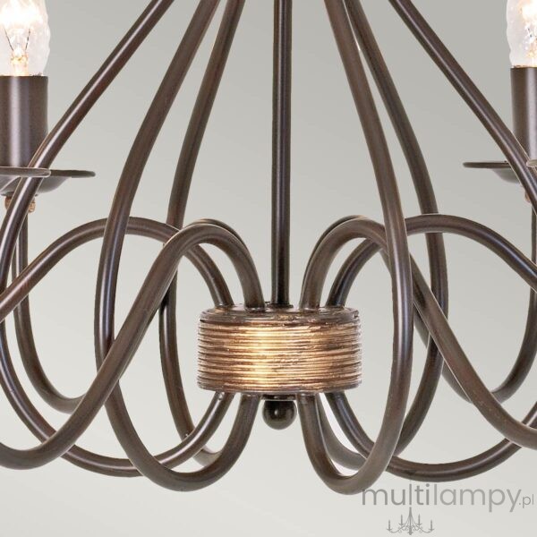 Lampa wisząca Windermere 6x E14 w kolorze złoto-brązowym, z eleganckimi, falistymi ramionami. Widoczny centralny element z metalicznym wykończeniem, z miejscami na sześć żarówek. Ujęcie z bliska, podkreślające detale konstrukcji.